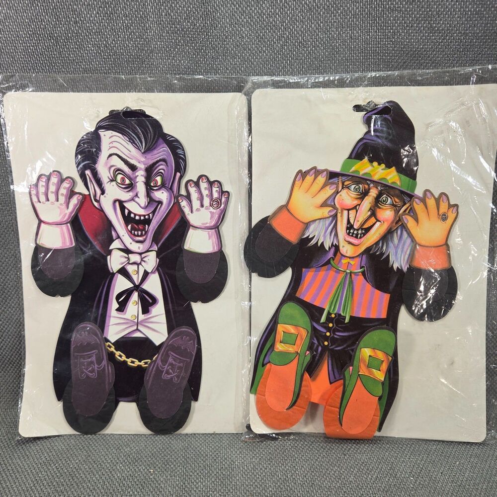Vintage 1990 Beistle Halloween Action Dancer Dracula & Witch Die Cut Lot Sealed